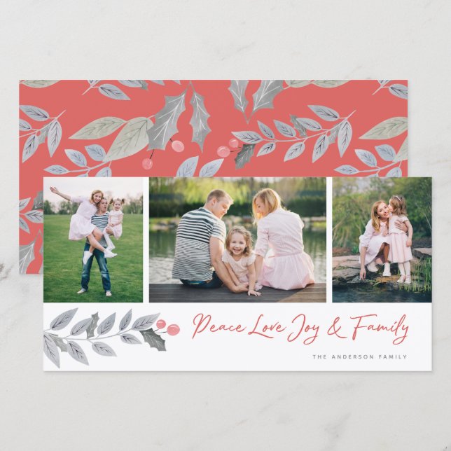 Tarjeta Festiva Peace Love Joy Family Floral 3 Collage de fotos (Anverso / Reverso)