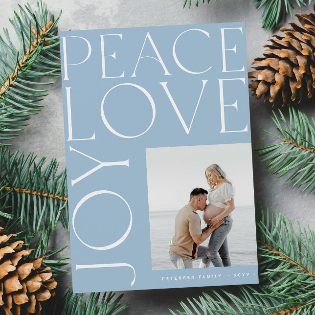 Tarjeta Festiva Peace Love Joy foto Navidades blancos azules (Subido por el creador)