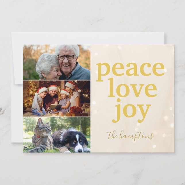 Tarjeta Festiva Peace Love Joy Gold Typography Navidades de fotogr (Anverso)