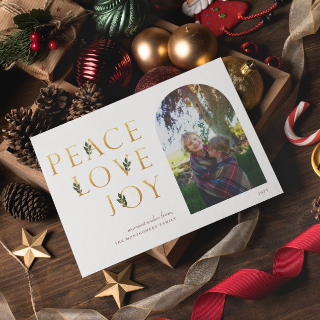 Tarjeta Festiva Peace Love Joy Golden Photo (Subido por el creador)