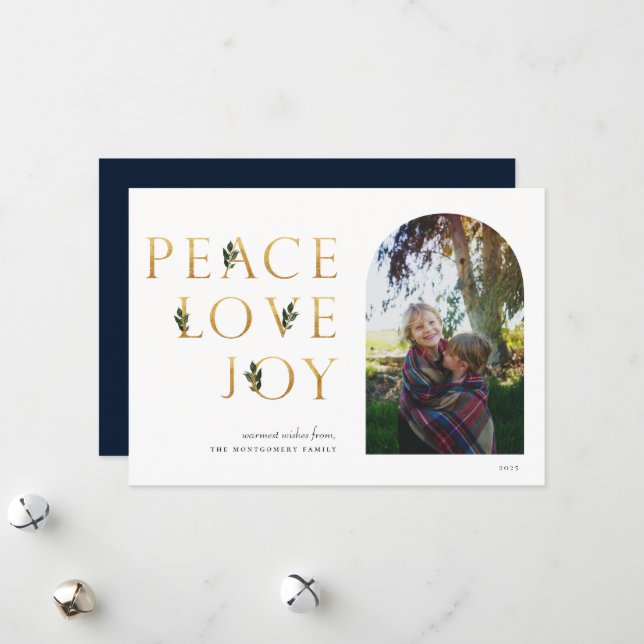 Tarjeta Festiva Peace Love Joy Golden Photo (Anverso/Reverso In Situ)