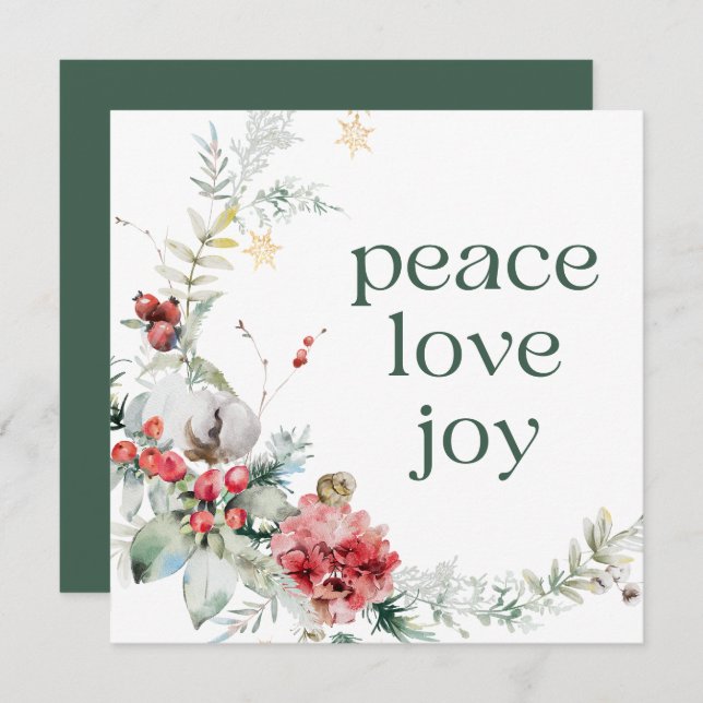 Tarjeta Festiva Peace Love Joy Green Square Holiday Card (Anverso / Reverso)