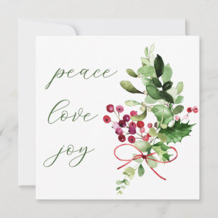 Tarjeta Festiva Peace Love Joy Holly Berry Green