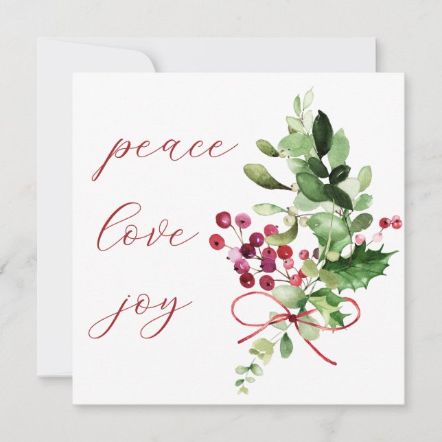 Tarjeta Festiva Peace Love Joy Holly Berry Red (Anverso)