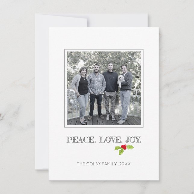 Tarjeta Festiva Peace Love Joy Holly Merry Christmas Holiday Photo (Anverso)