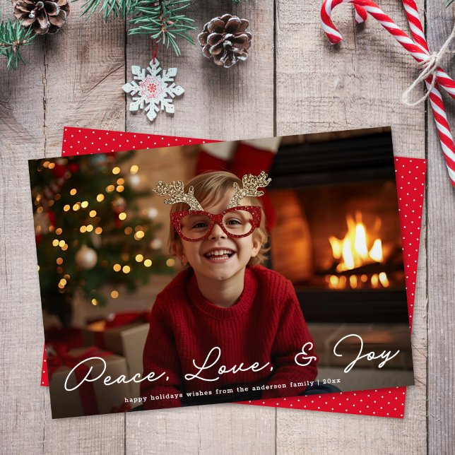 Tarjeta Festiva Peace Love & Joy Minimalist Script Photo Christmas (Subido por el creador)