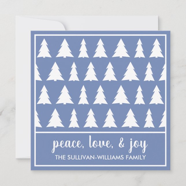 Tarjeta Festiva Peace Love Joy Modern Blue Tree Pattern (Anverso)