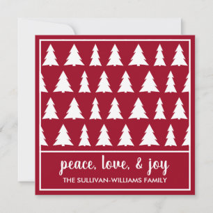 Tarjeta Festiva Peace Love Joy Modern Burgundy White Tree Pattern