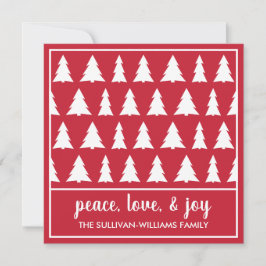 Tarjeta Festiva Peace Love Joy Modern Red White Tree Pattern