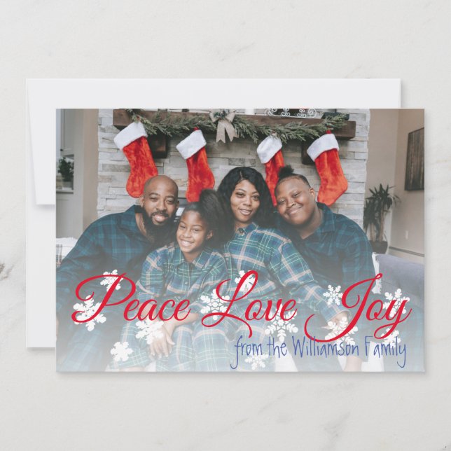 Tarjeta Festiva Peace Love Joy Navidades Your Photo Red Script (Anverso)