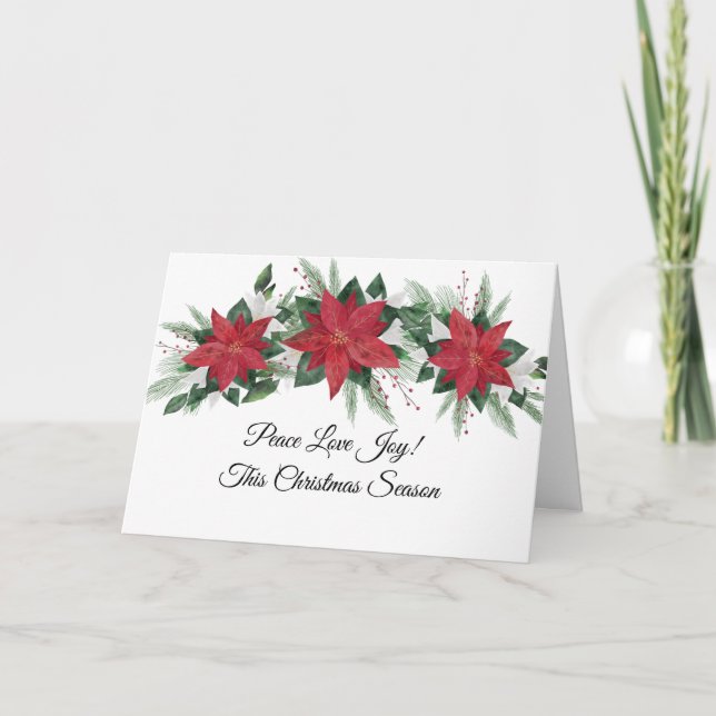 Tarjeta Festiva Peace Love Joy Red Poinsettia Navidades Verdes (Anverso)