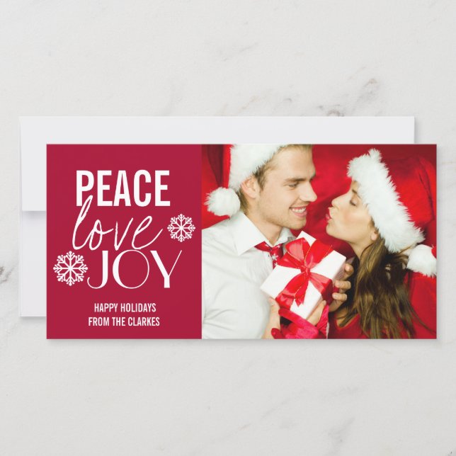 Tarjeta Festiva Peace Love Joy Red Snow Holiday Photo Cards (Anverso)