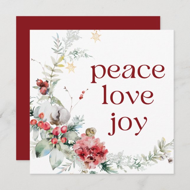 Tarjeta Festiva Peace Love Joy Red White Square Holiday Card (Anverso / Reverso)