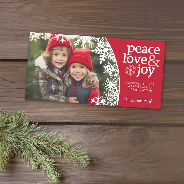 Tarjeta Festiva Peace Love Joy Snowflakes - foto blanca roja (A photo card with a Christmas theme. Add 2 photos and greeting. Download option available.)