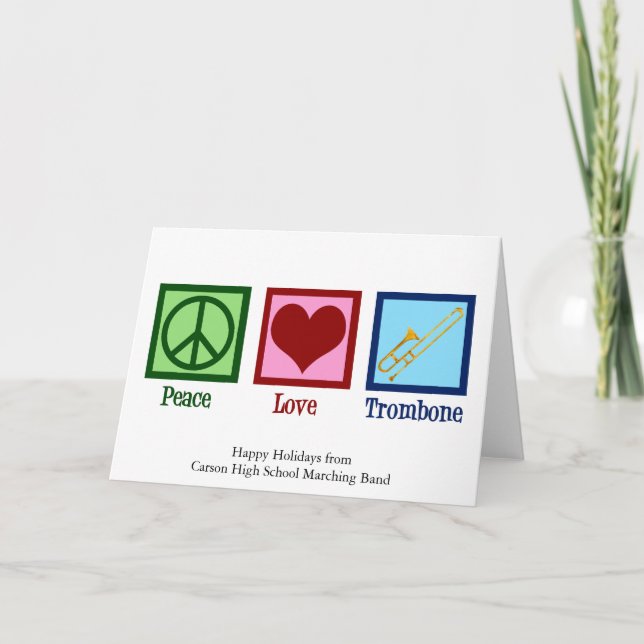 Tarjeta Festiva Peace Love Trombone Personalizado Band Navidades (Anverso)