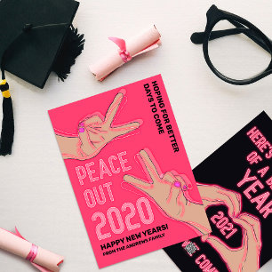 Tarjeta Festiva Peace Out 2020 luz de neón rosado Feliz Año Nuevo
