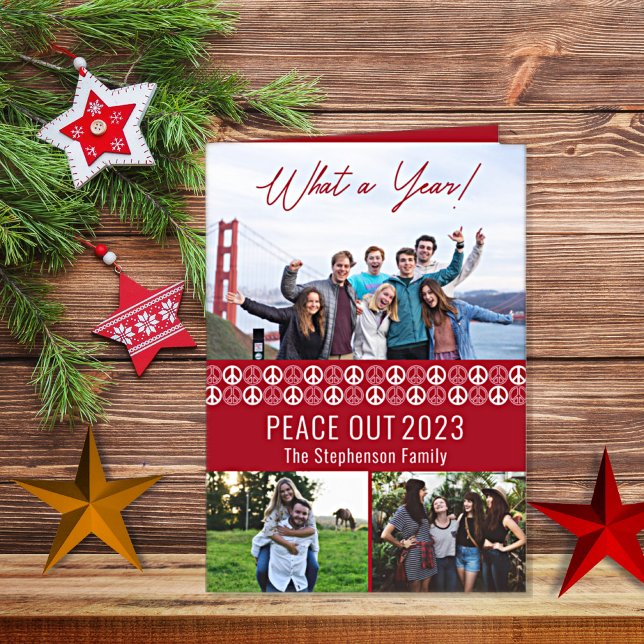 Tarjeta Festiva Peace Out 2023 What A Year 3 Collage de fotos - Re (Peace Out 2023 -- What A Year!   Greet your friends and family in unique style.  Peace Sign design  )