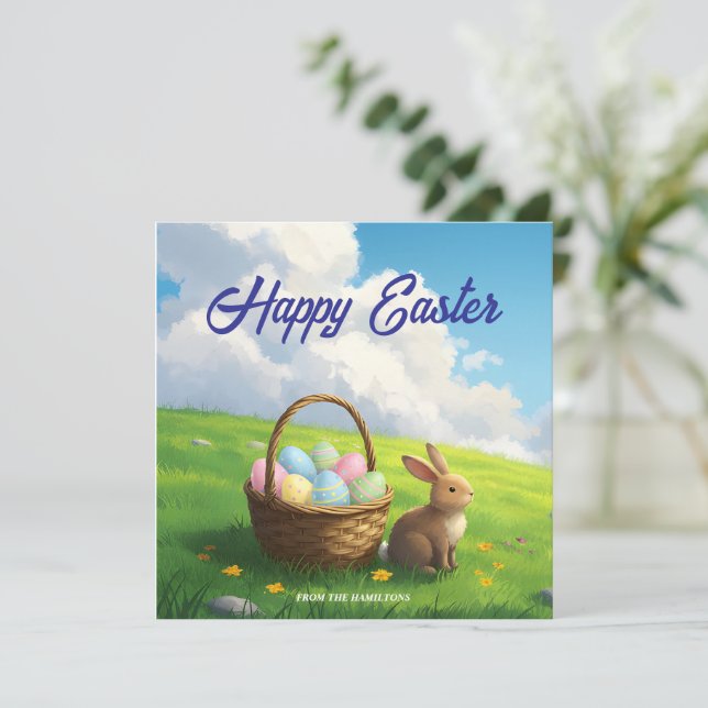 Tarjeta Festiva Peaceful Easter Spring Meadow Bunny & Egg Basket (Anverso de pie)