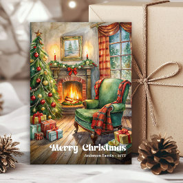 Tarjeta Festiva Peaceful rustic Christmas interior in green holida