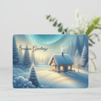 Tarjeta Festiva Peaceful Winter Cabin Seasons Greetings Flat Card 