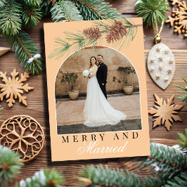 Tarjeta Festiva Peach Winter Pine Merry & Married Photo Christmas