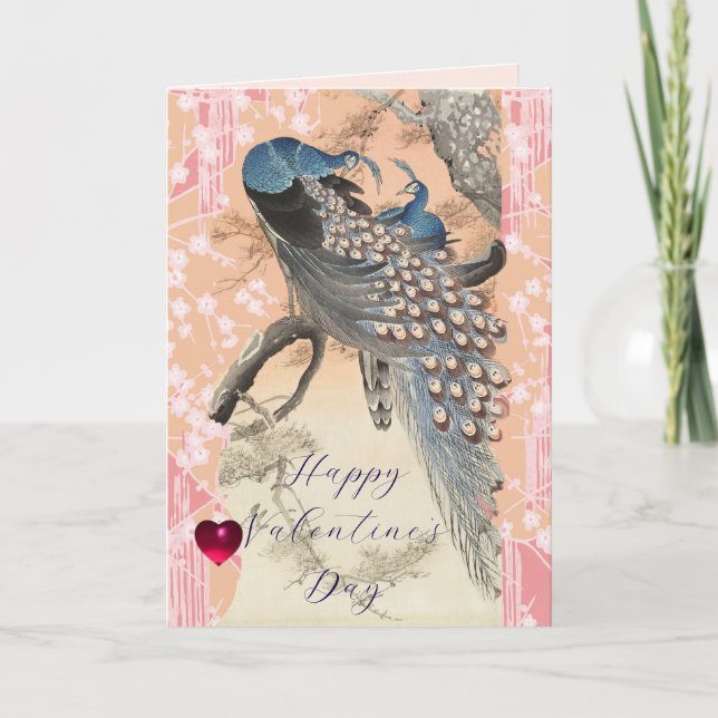 Tarjeta Festiva PEACOCKS,PINK SAKURA FLOWERS Floral Valentine Day (Anverso)