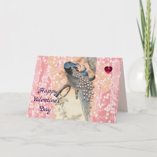 Tarjeta Festiva PEACOCKS,PINK SAKURA FLOWERS Floral Valentine Day (Anverso)