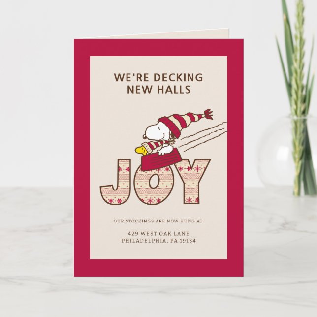 Tarjeta Festiva Peanuts | Snoopy y Woodstock alegre paseo en trine (Anverso)