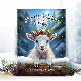 Tarjeta Festiva Peeking Baby Goat Winter Wonderland Forest Merry