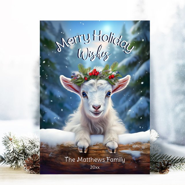 Tarjeta Festiva Peeking Baby Goat Winter Wonderland Forest Merry (Adorable Winter Snowy Scene With Peeking Dogs or Farm/Woodland Animals - Over 50 to Choose From!)