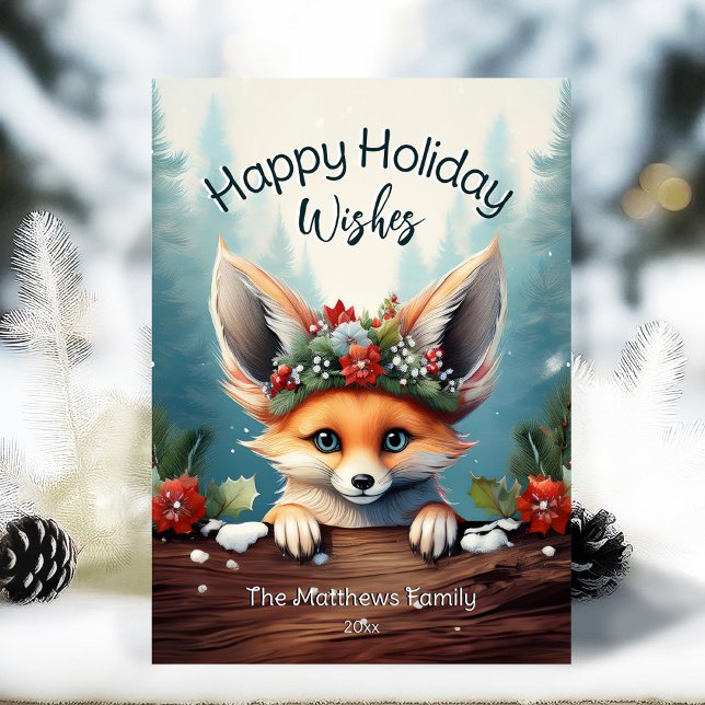 Tarjeta Festiva Peeking Fennec Fox Sning Woodland Forest Happy (Adorable Winter Snowy Scene With Peeking Dogs or Farm/Woodland Animals - Over 50 to Choose From!)
