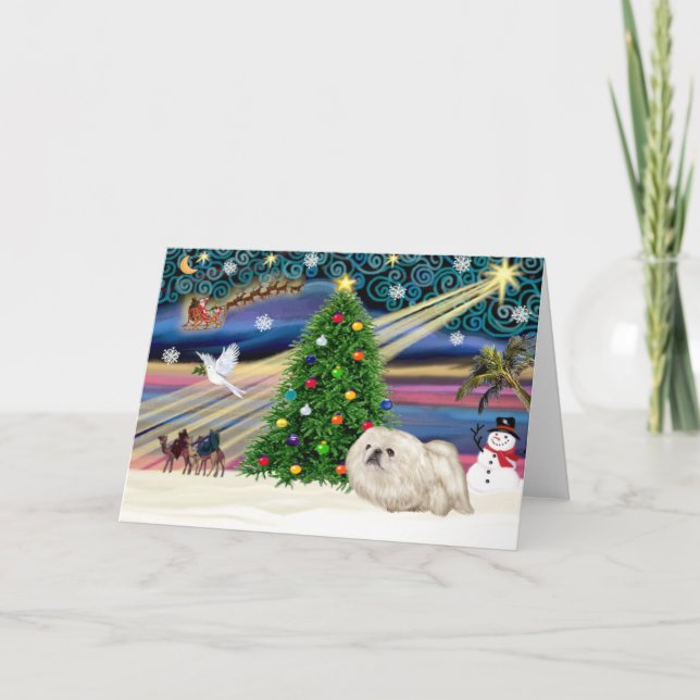 Tarjeta Festiva Pekinés Christmas Magic (blanco) (Anverso)
