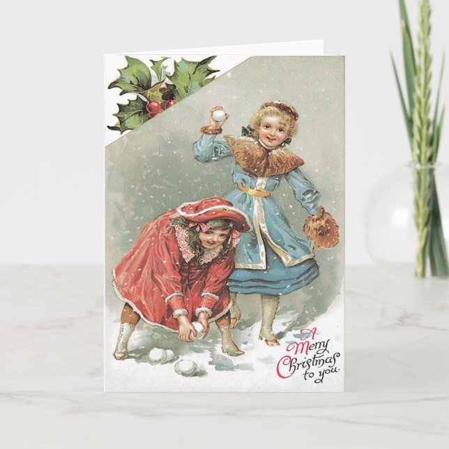Tarjeta Festiva Pelea de Nieve de Niñas Pequeñas (Anverso)