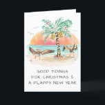 Tarjeta Festiva Pelícanos y Navidades costeros del Palm Tree Beach<br><div class="desc">La tarjeta de Navidades costeros incluye dos aves marinas pelícanas aleteando sus alas con alegría al ver una palmera árbol de Navidad y regalos en la playa. El saludo al frente dice "Buenas Oportunidades para Navidades y un feliz Año Nuevo". El saludo en el interior dice "Mares y saludos". Todo...</div>