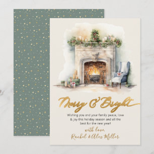 Tarjeta Festiva Película de oro mora y brillante chimenea no fotog