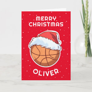 Tarjeta Festiva Pelota de Baloncesto Gorro de Santa Rojo Nombre de