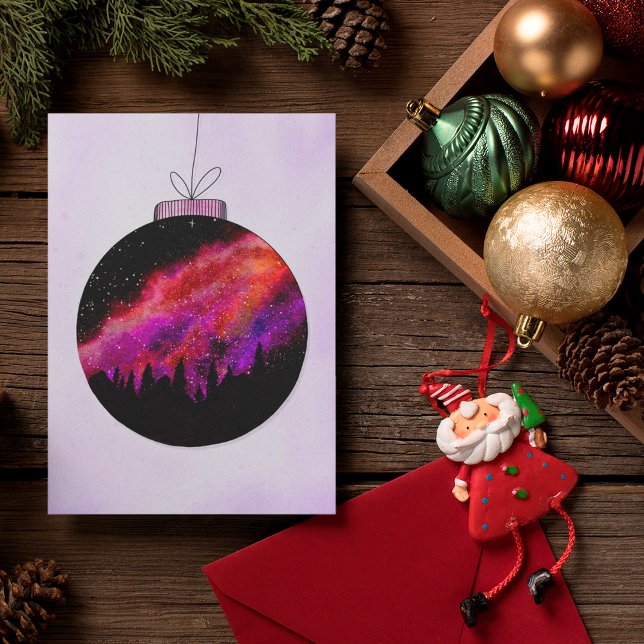 Tarjeta Festiva Pelota de Navidades Pink Purple Starry Night Wood (Subido por el creador)