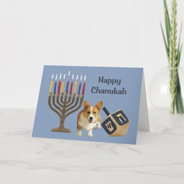 Tarjeta Festiva Pembroke Welsh Corgi Chanukah Card Menorah Dreidel (Anverso)