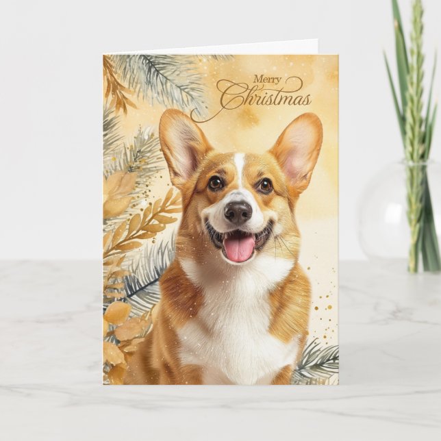Tarjeta Festiva Pembroke Welsh Corgi Dog and Golden Pines (Anverso)