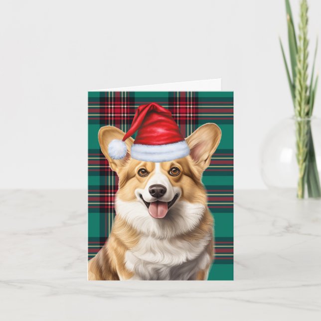 Tarjeta Festiva Pembroke Welsh Corgi Red Green Plaid Navidades (Anverso)