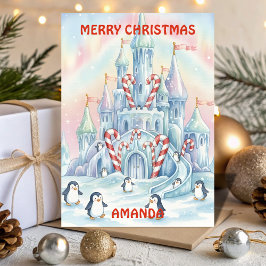 Tarjeta Festiva Penguin Ice Castle Kids Christmas Card