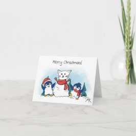 Tarjeta Festiva Penguins building a cat snowman winter