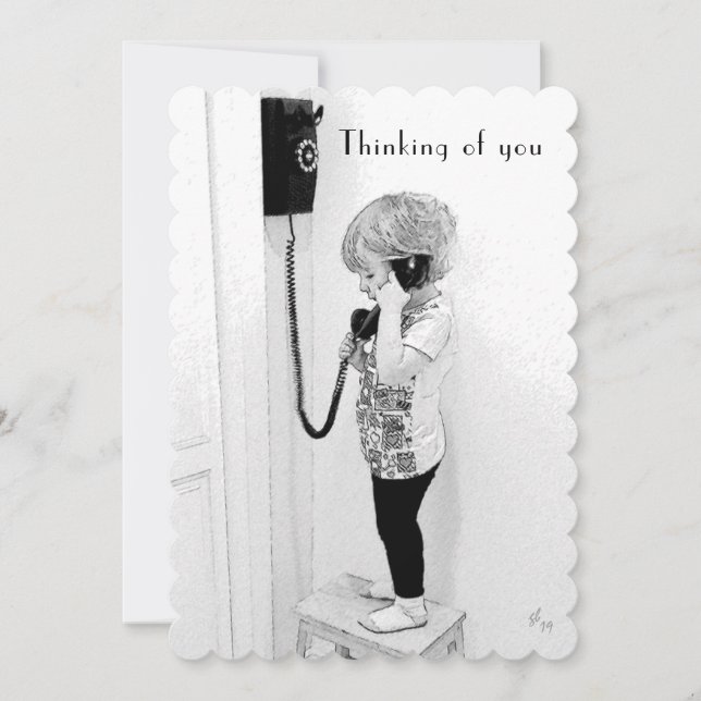 Tarjeta Festiva Pensando en usted, niño, teléfono viejo, arte de (Anverso)
