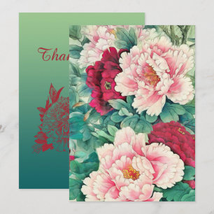 Tarjeta Festiva Peonies rojos y hojas verdes gracias