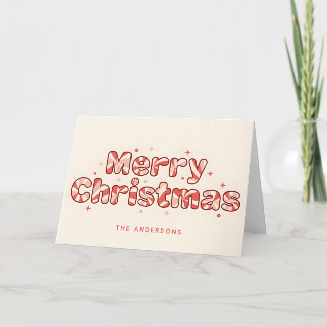 Tarjeta Festiva Peppermint Retro Script Merry Christmas (Anverso)