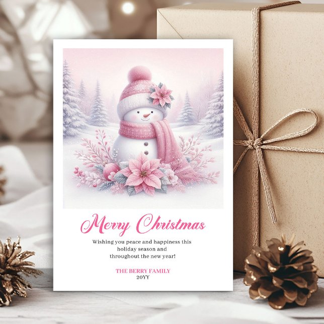 Tarjeta Festiva Peppy pink snowman kids greeting card editable art (Peppy pink snowman kids greeting card editable art)