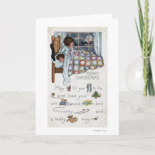 Tarjeta Festiva Pequeña Chica despierta a Santa y Sleigh