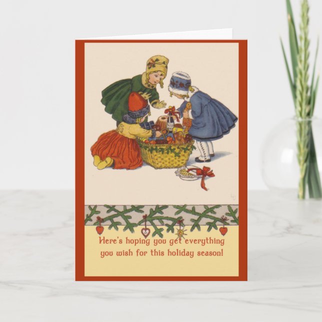 Tarjeta Festiva Pequeñas niñas y caja de regalos arte de vacacione (Anverso)