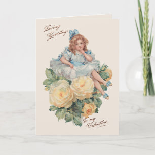Tarjeta Festiva Pequeño Chica, Rosas y saludos de San Valentín