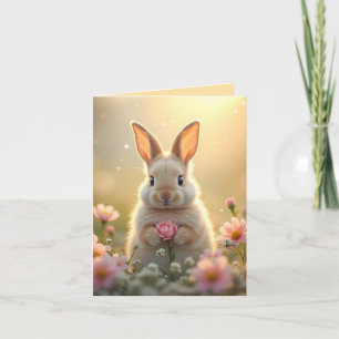 Tarjeta Festiva Pequeño conejito lindo con flores rosas, Pascua